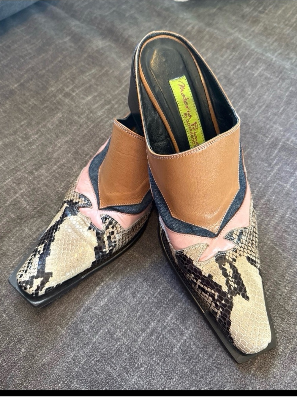 Vero Cuoio Tan, Pink & Black Snake-Print Leather Mules
